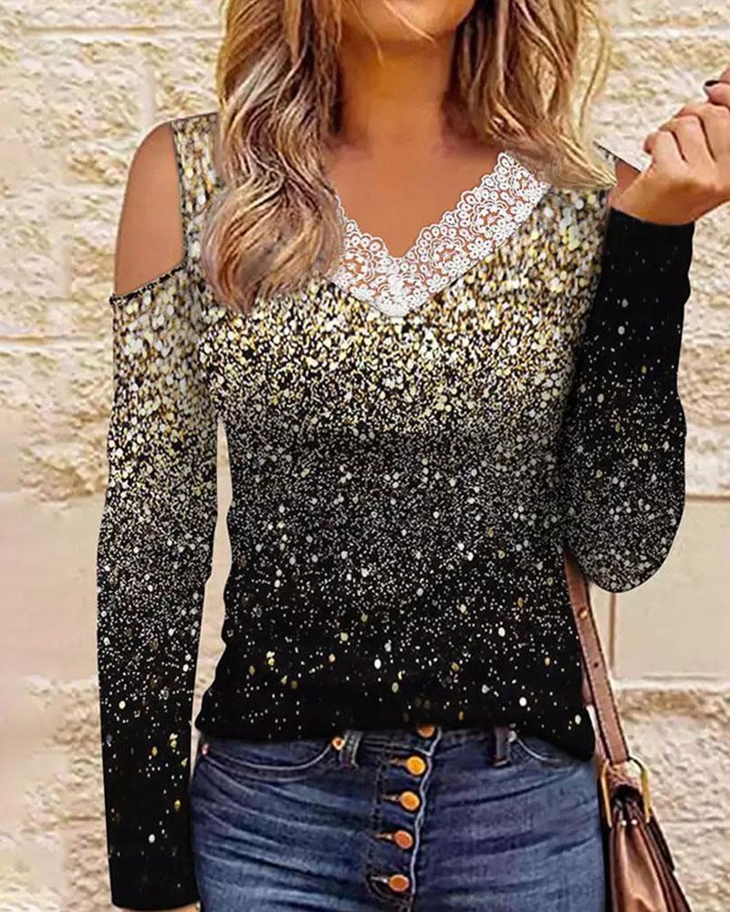 

Contrast Lace Cold Shoulder Print Top, Gold