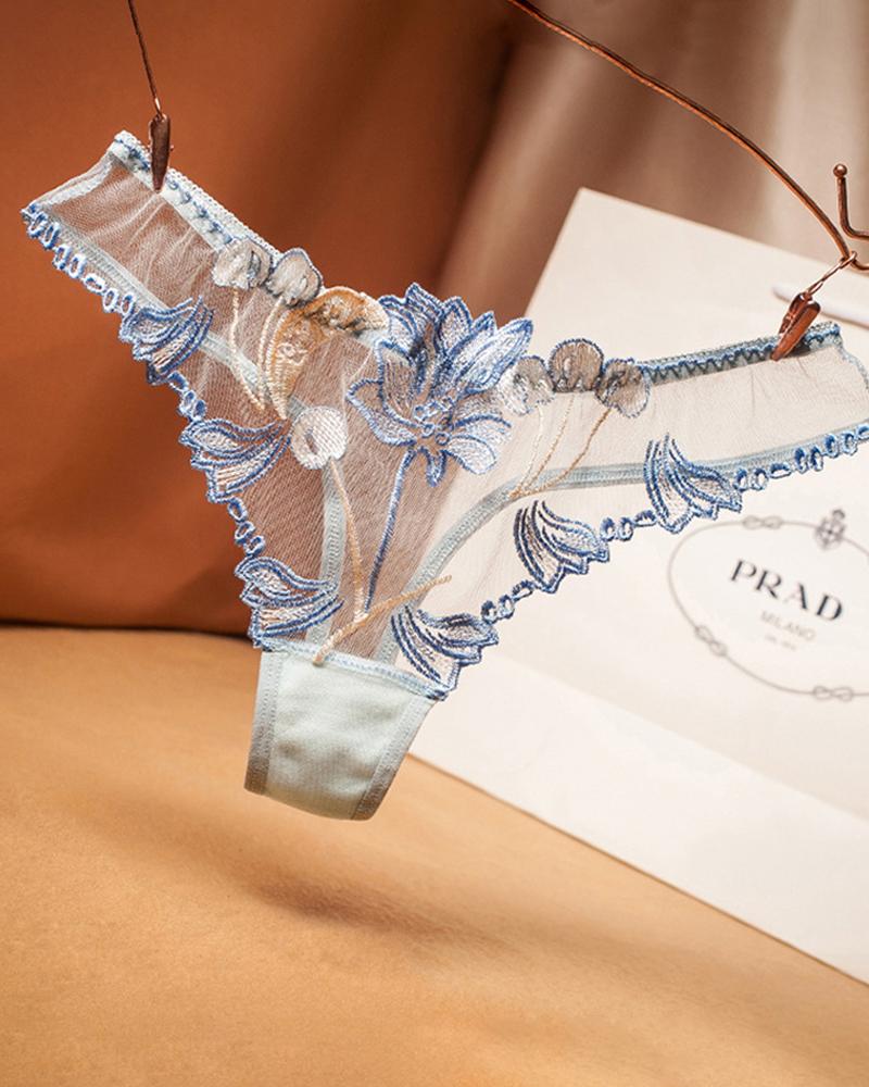 

Sheer Mesh Floral Pattern Lace Thong, Blue