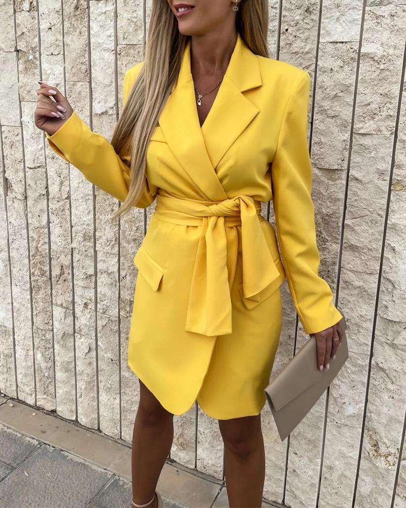 

Long Sleeve Lapel Collar Belted Blazer Dress, Yellow