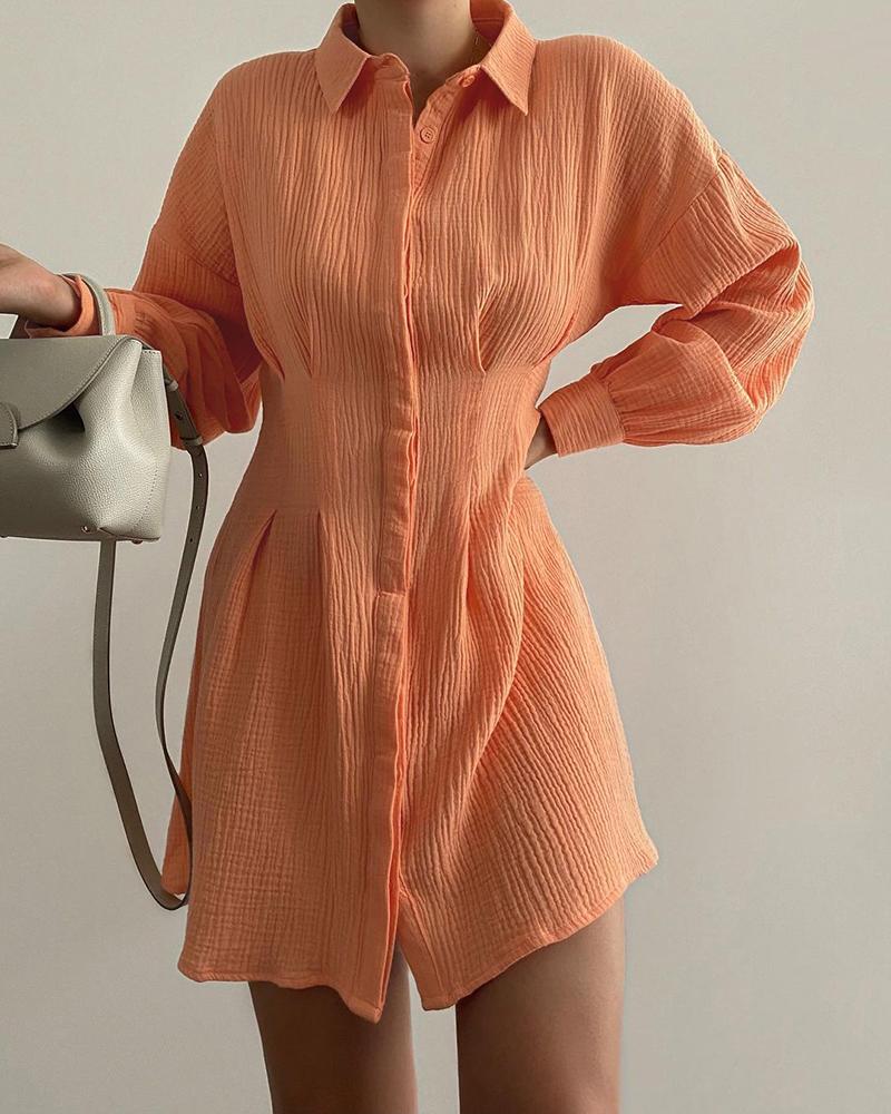 

Lantern Sleeve Ruched Casual Shirt Dress, Orange