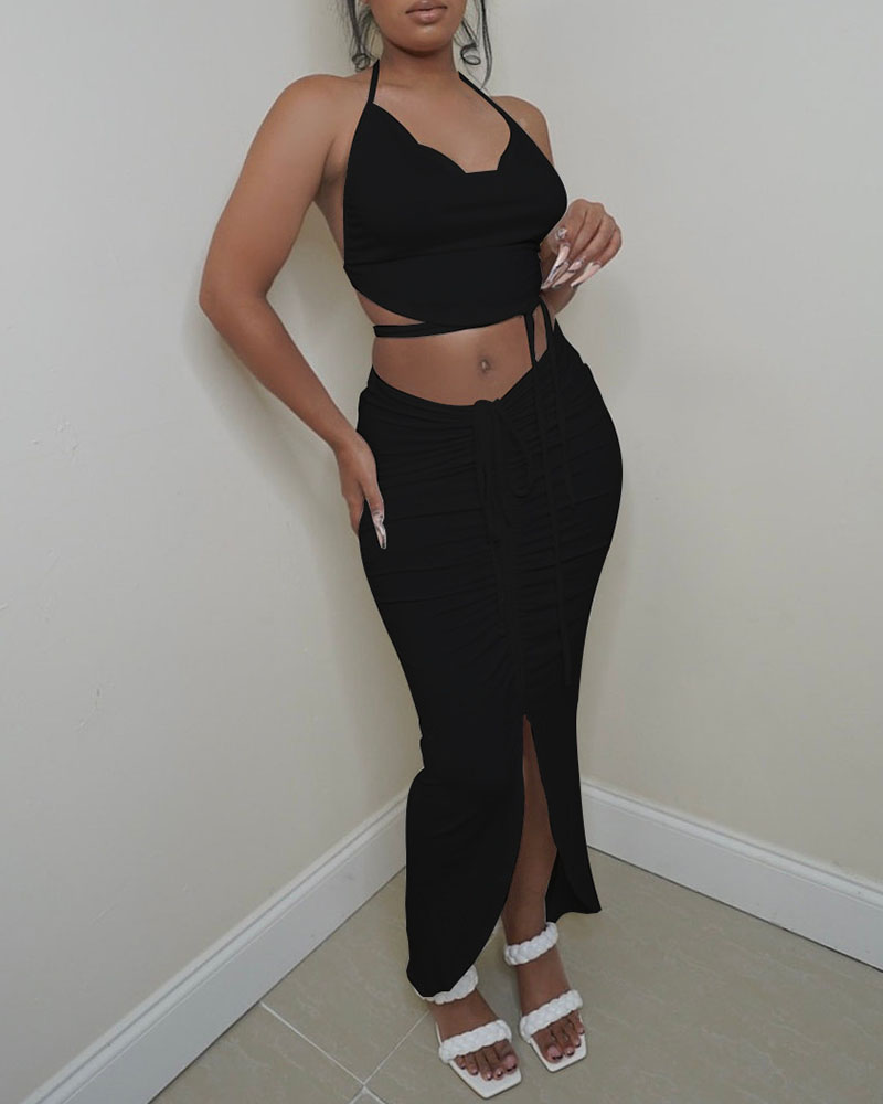 

Halter Backless Crop Top & Ruched Slit Skirt Set, Black