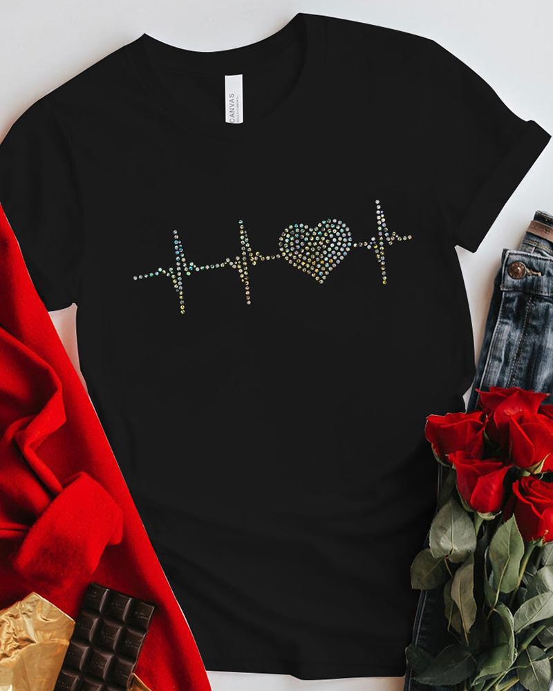 

Valentine' Day Rhinestone Heart Pattern Print T-shirt, Black