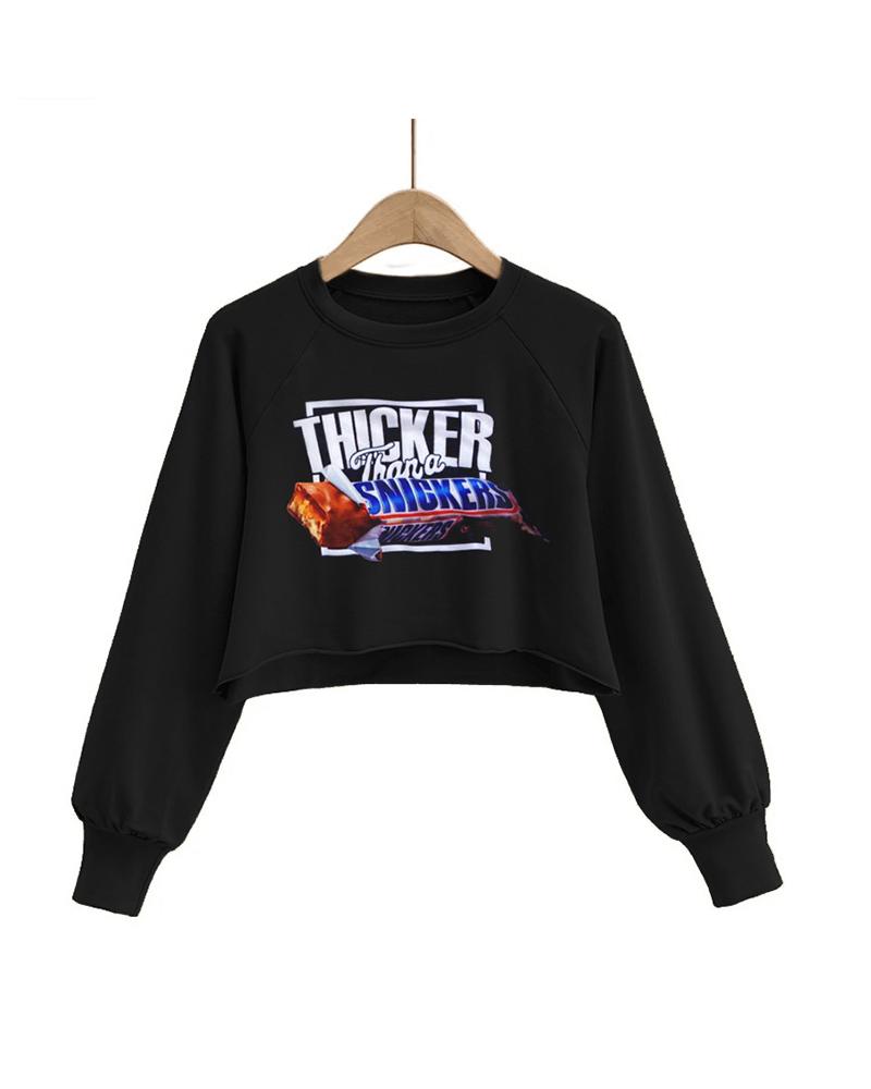 

Cartoon Letter Print Long Sleeve Casual Sweatshirt, Black