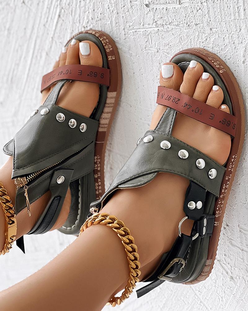 

Studded Toe Post Slingback Summer Sandals, Army green