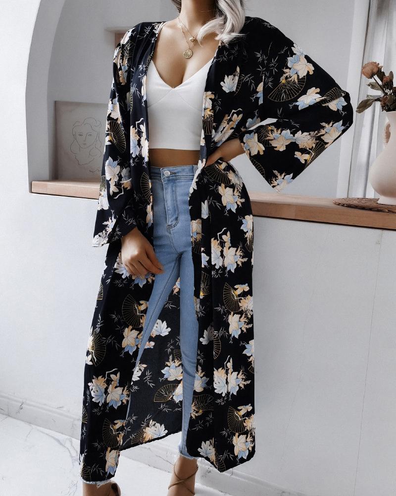 

Floral Print Bell Sleeve Longline Cover Up, Black