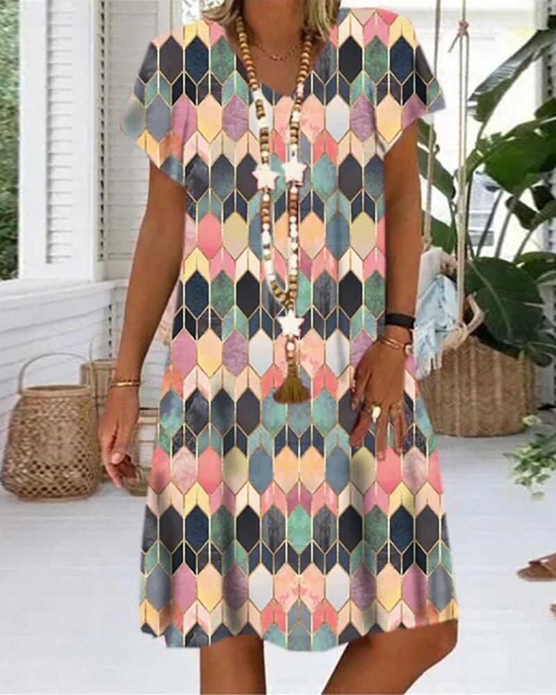 

Geo Pattern Print Colorblock Short Sleeve Dress, Pink