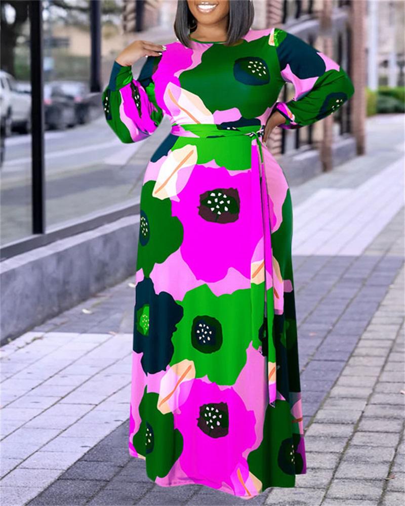 

Plus Size Floral Print Long Sleeve Belted Maxi Dress, Purple