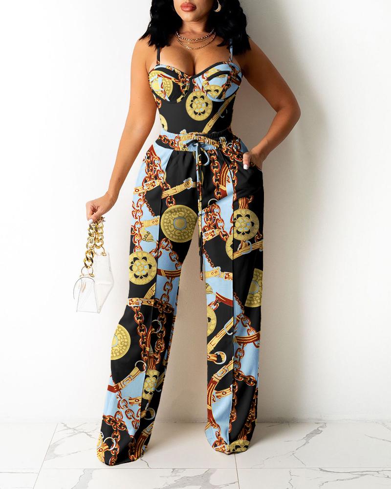 

Two Piece Sets Sleeveless Chain Colorblock Cami Top & Drawstring Wide Legs Contrast Pipping Pants Set, Black