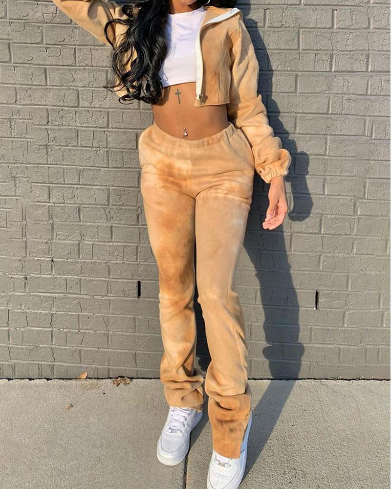 

Zipper Design Hooded Top & High Waist Pants Set, Khaki