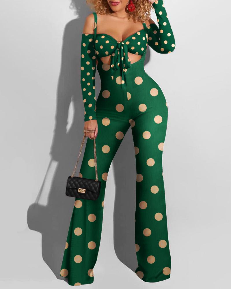

Polka Dot Print Tie Front Crop Top & Suspender Pants Set, Green