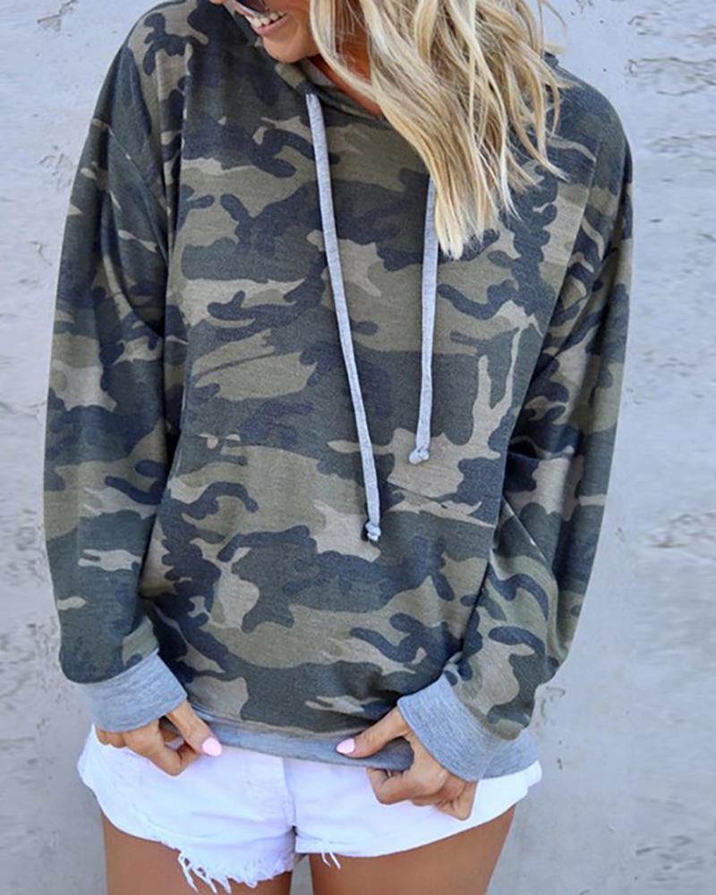 

Hooded Camouflage Drawstring Design Sweatshirt, Army green