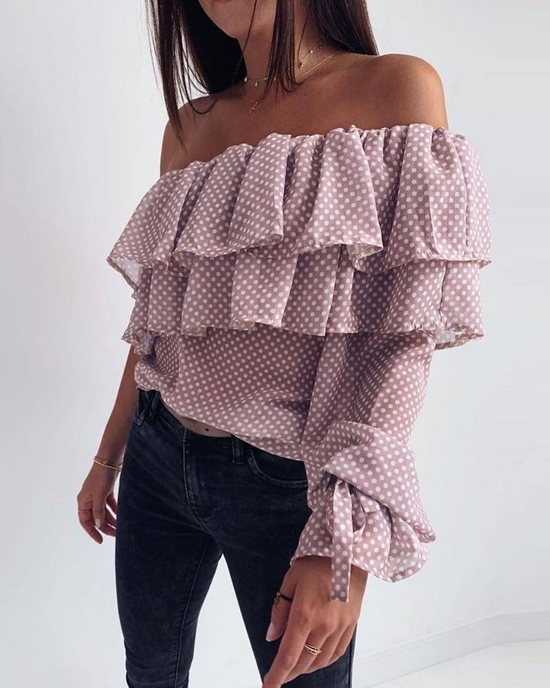 

Dot Layered Ruffles Off Shoulder Blouse, Pink