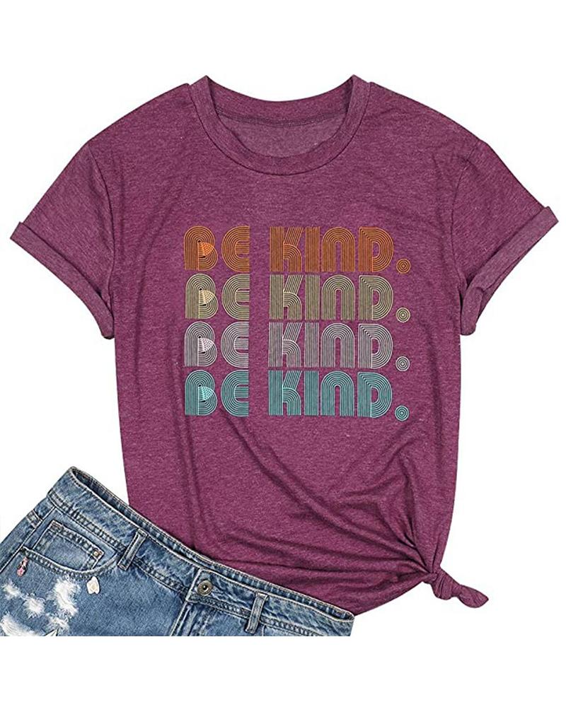 

Multicolor Letter Print Short Sleeve T-shirt, Purple