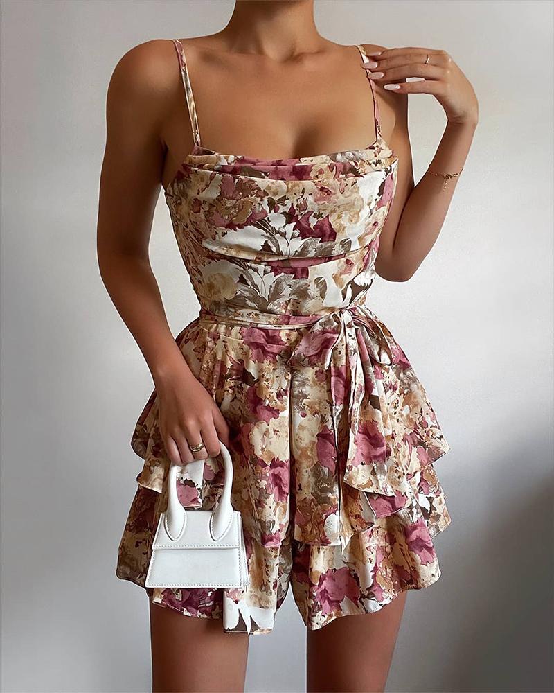

Floral Print Cowl Neck Layered Ruffles Romper, Multicolor