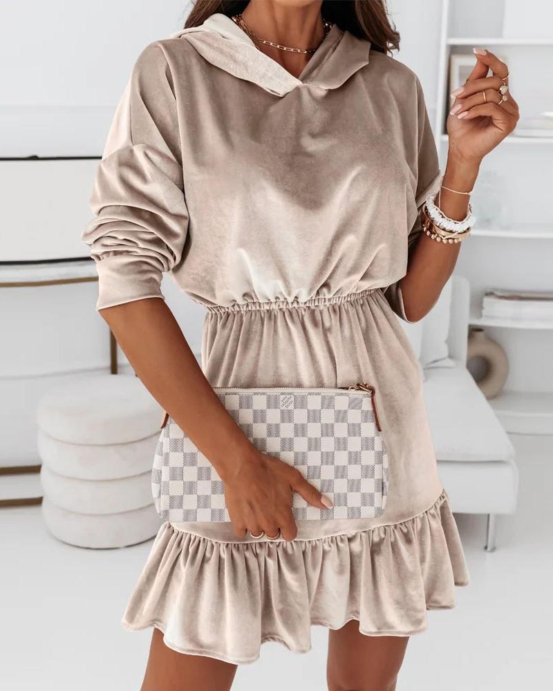 

Velvet Ruffle Hem Drop Shoulder Hooded Dress, Khaki