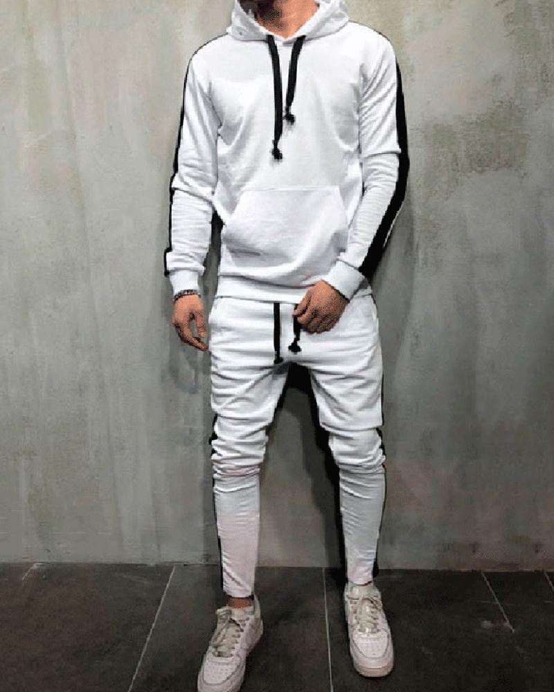 

Men Striped Colorblock Hooded Top & Pants Set, White