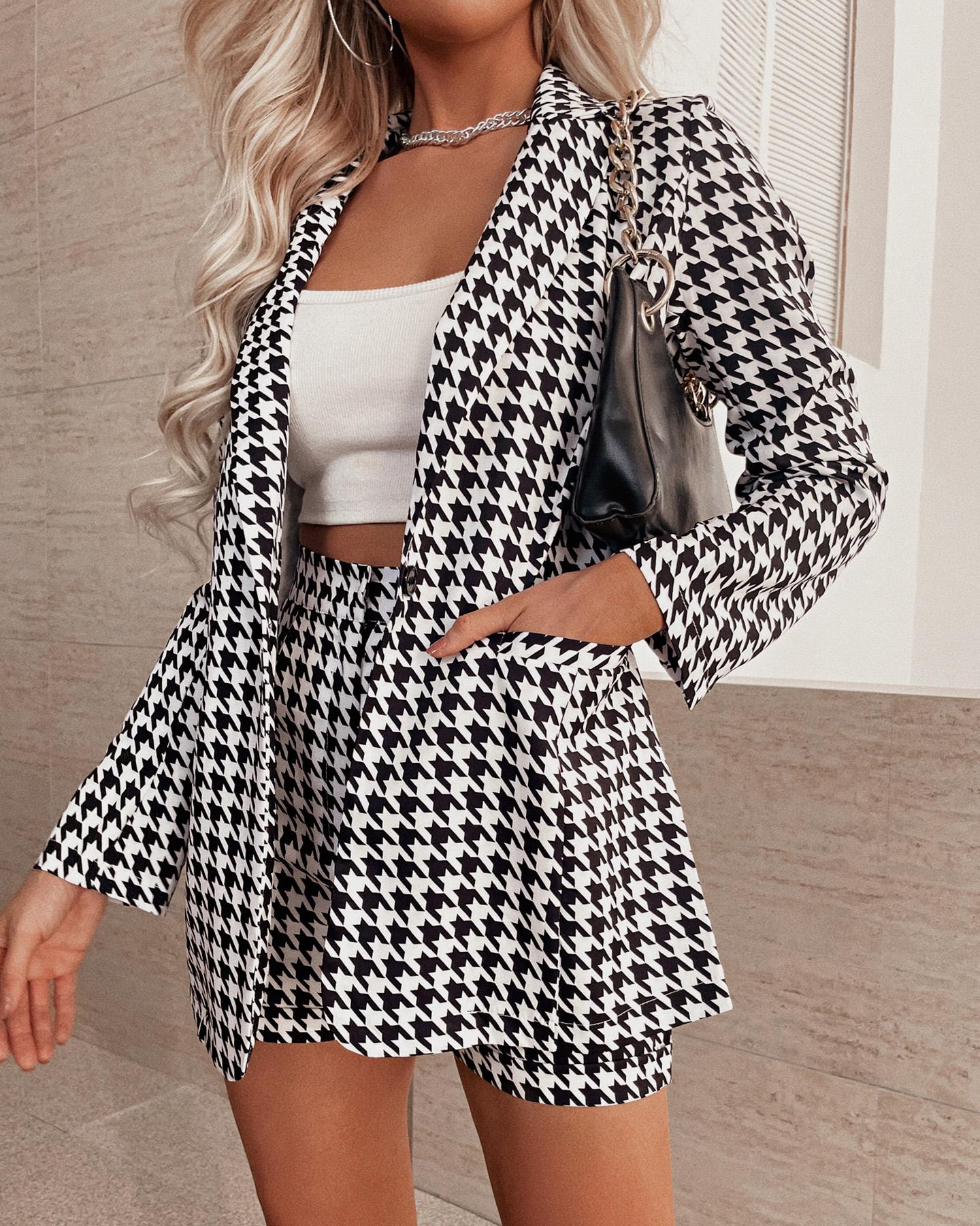 

Houndstooth Print Long Sleeve Blazer Coat & Shorts Set, Black