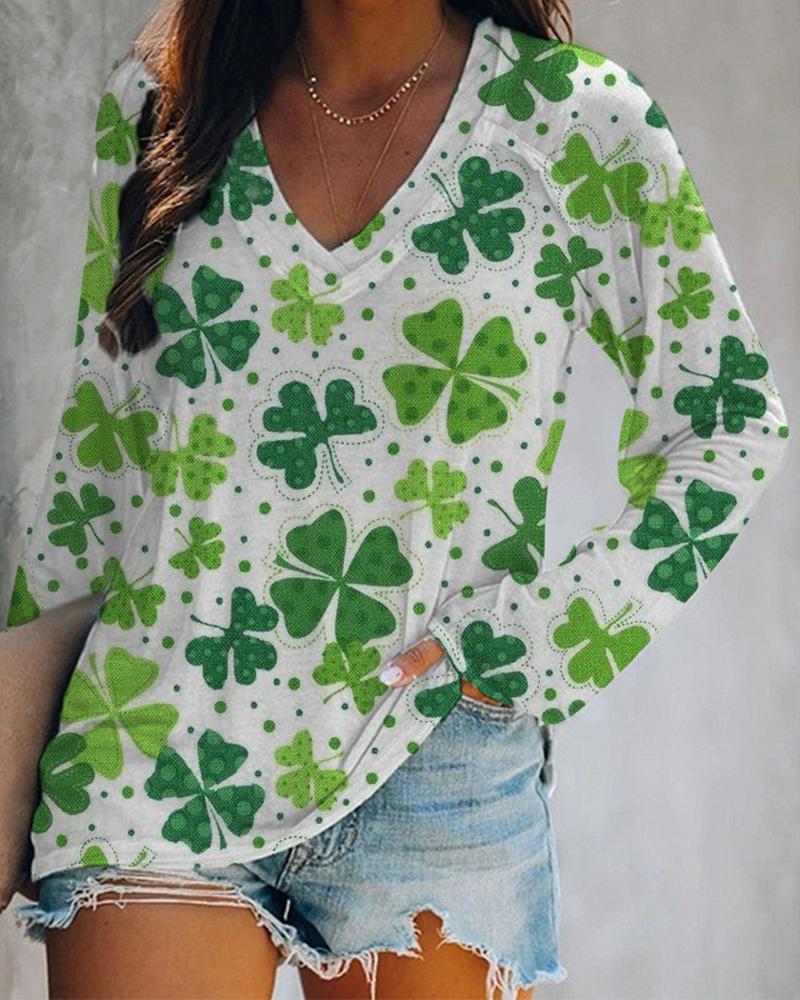 

St. Patrick' Day Lucky Shamrock Print Long Sleeve Top, Green