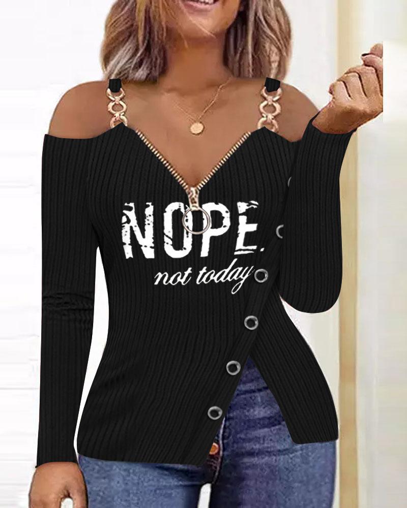 

Letter Print Zip Detail Cold Shoulder Top, Black