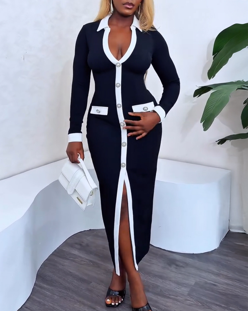 

Vestido ajustado para ir al trabajo, con cuello vuelto, abertura frontal, botones de perlas, paneles en contraste y detalle de solapa lateral con cremallera., Black