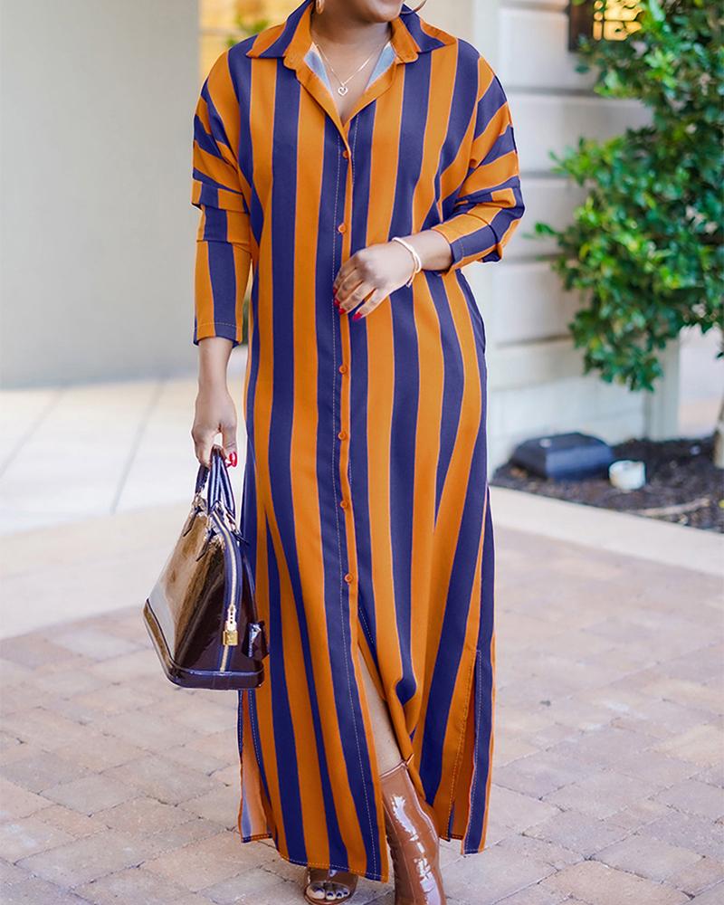 

Plus Size Striped Buttoned Slit Shirt Dress, Orange