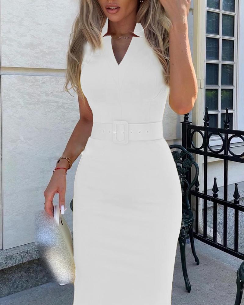 

V-Cut Short Sleeve Skinny Midi Dress With Belt, White