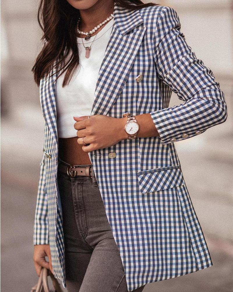 

Plaid Print Double Breasted Flap Detail Blazer, Blue