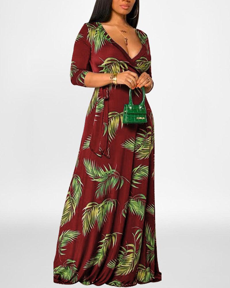 

Plus Size Tropical Print Belted Wrap Maxi Dress, Red