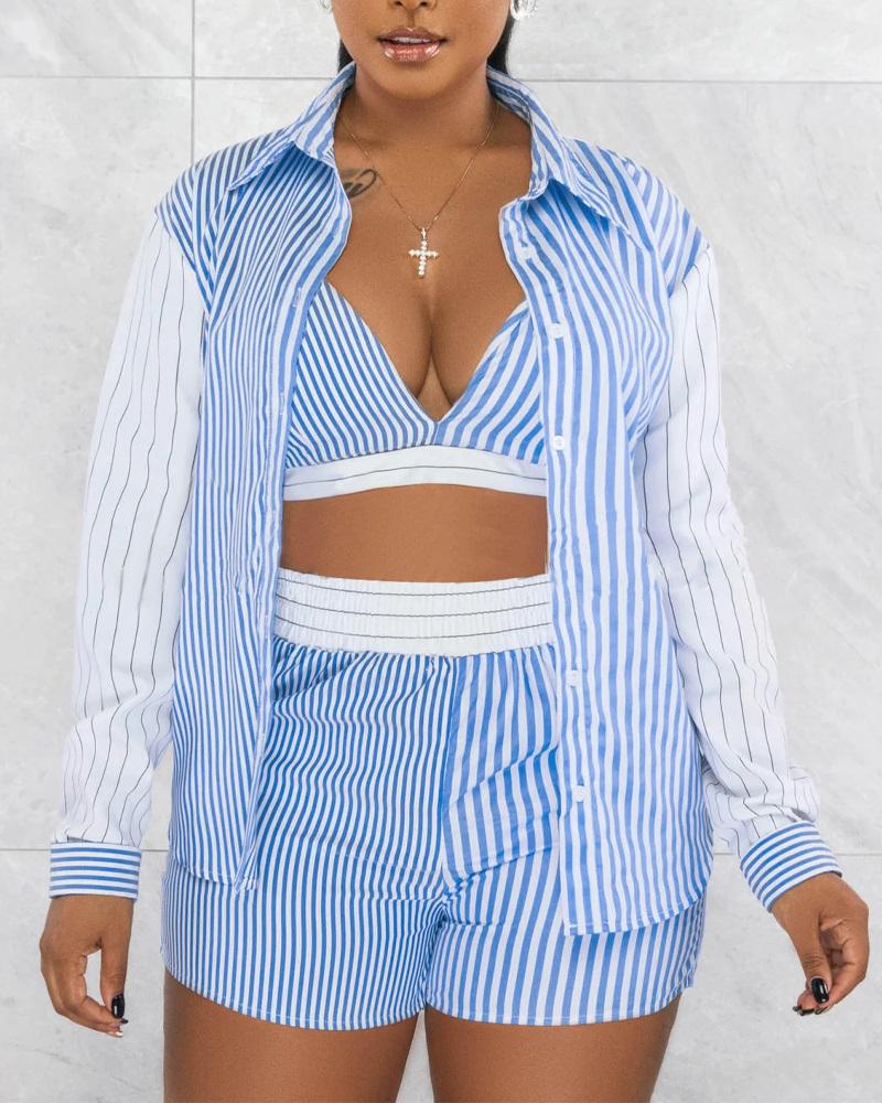 

3PCS Striped Colorblock Buttoned Top & Shorts Set With Bralette, Blue