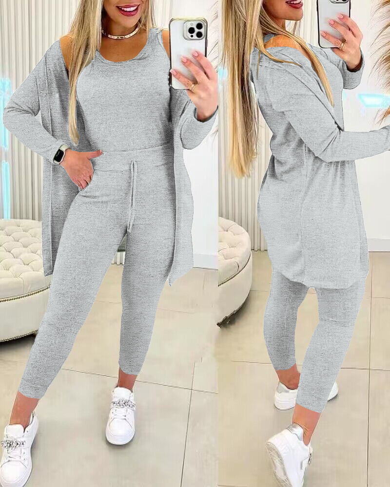 Round Neck Tank Top & Drawstring Pants Set With Coat