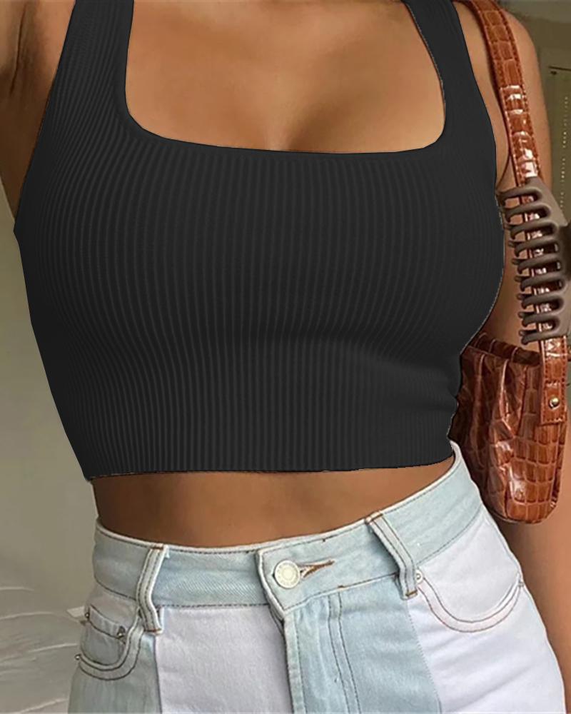 

Thick Strap Square Neck Knit Crop Top, Black