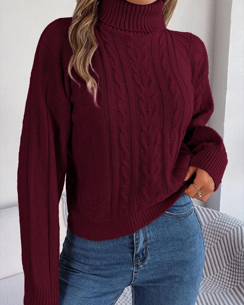 

High Neck Cable Knit Sweater, Wine red