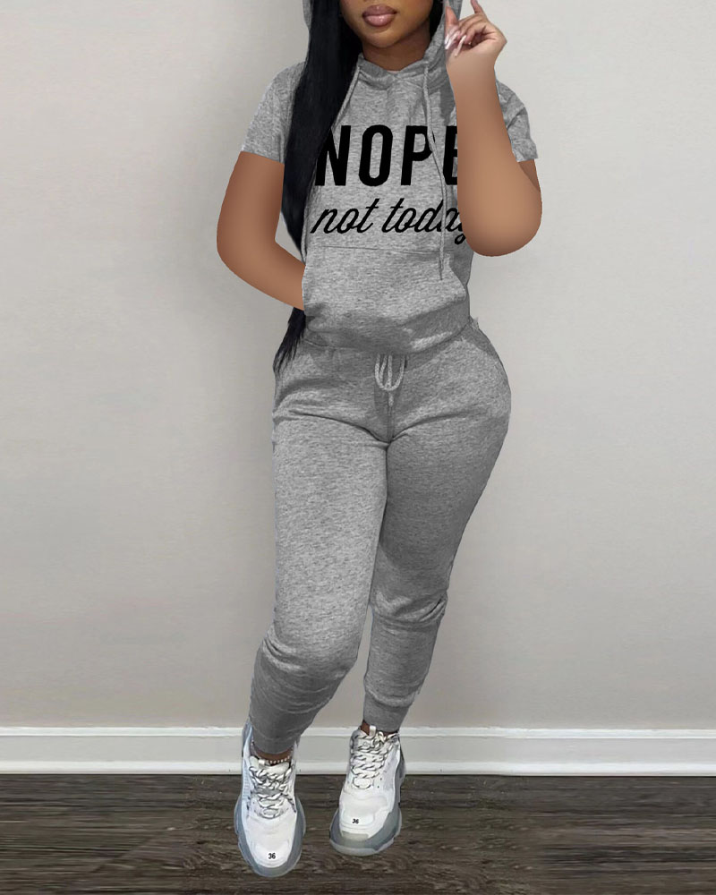 

Letter Print Hooded Top & Drawstring Pants Set, Gray