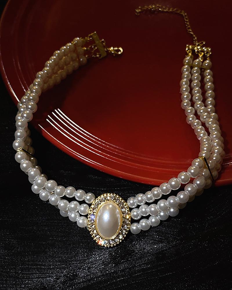 

1PCS Faux Pearl Rhinestone Layered Beaded Choker, White