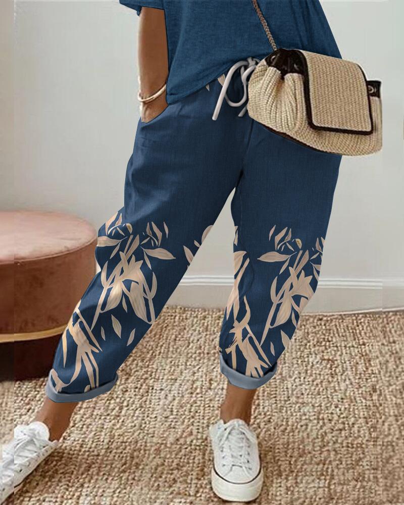 

Plants Print Drawstring Pocket Design Cuffed Pants, Blue
