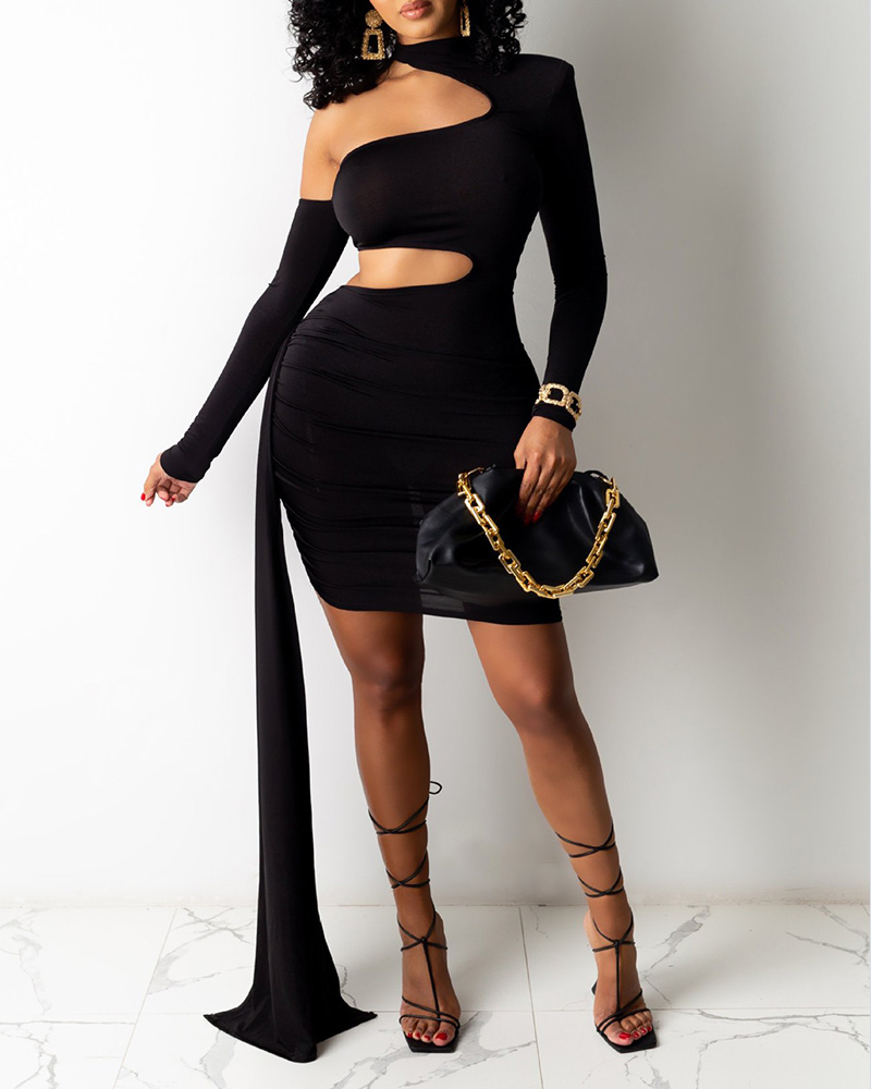 

Cutout Backless Asymmetrical Neck Band Decor Party Dress, Black