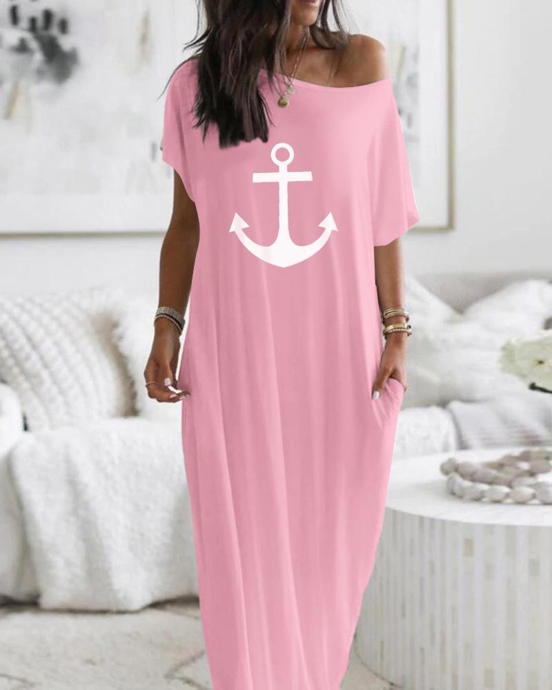 

Anchor Print Cold Shoulder Short Sleeve Dress Casual Pocket Design Loose Fit Maxi Dress, Pink