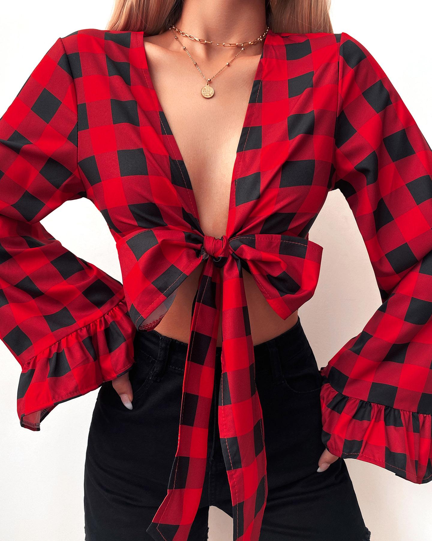 

Geo Pattern Print Tie Front Bell Sleeve Crop Top, Red