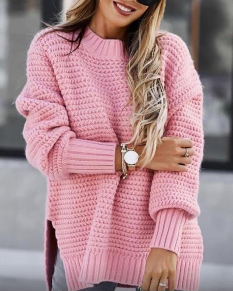

Long Sleeve Mock Neck Split Hem Sweater, Pink