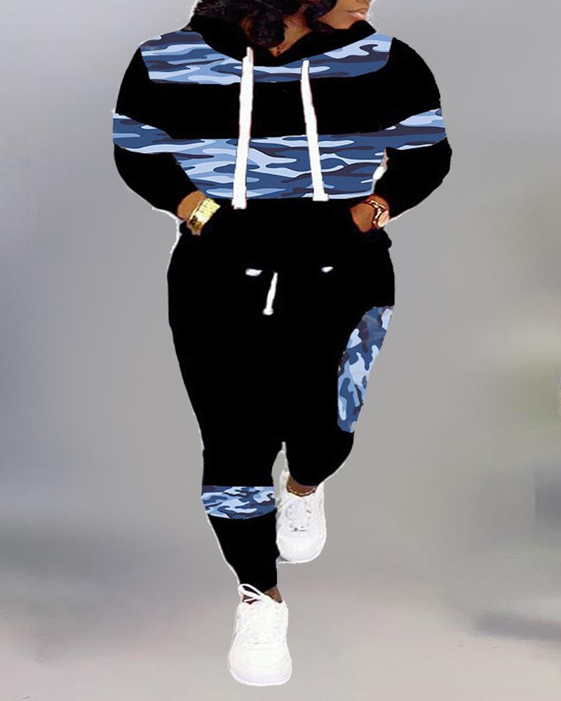 

Plus Size Camouflage Print Long Sleeve Hoodie & Pants Set, Blue