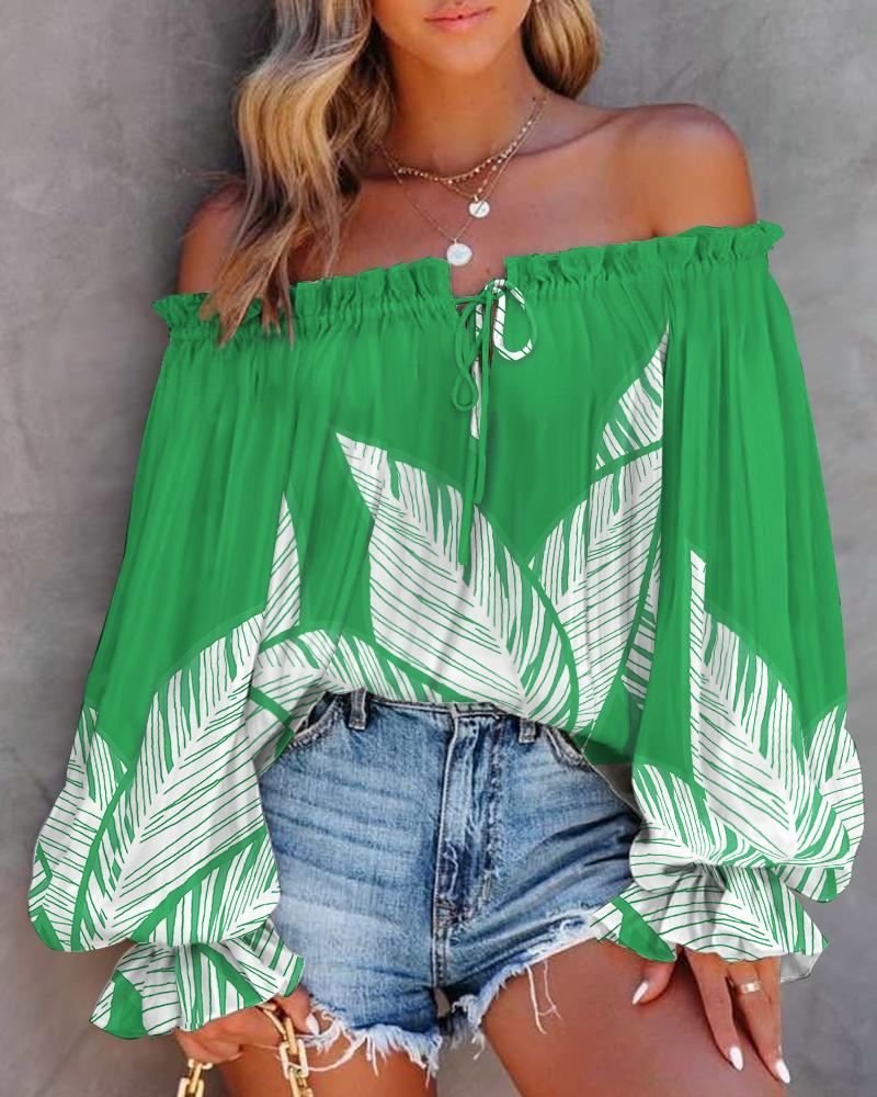 

Leaf Print Off Shoulder Lantern Sleeve Top, Green