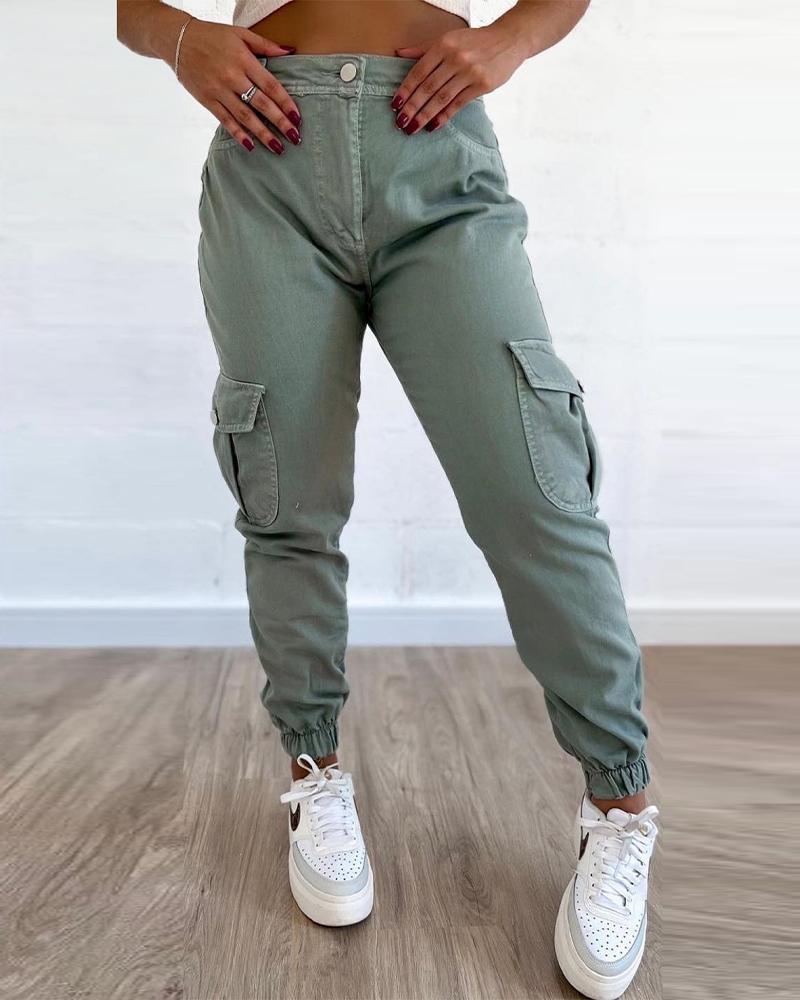 

High Waist Pocket Design Cargo Pants, Green