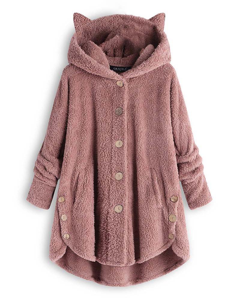 

Long Sleeve Button Design 3D Cat Hooded Teddy Coat, Pink