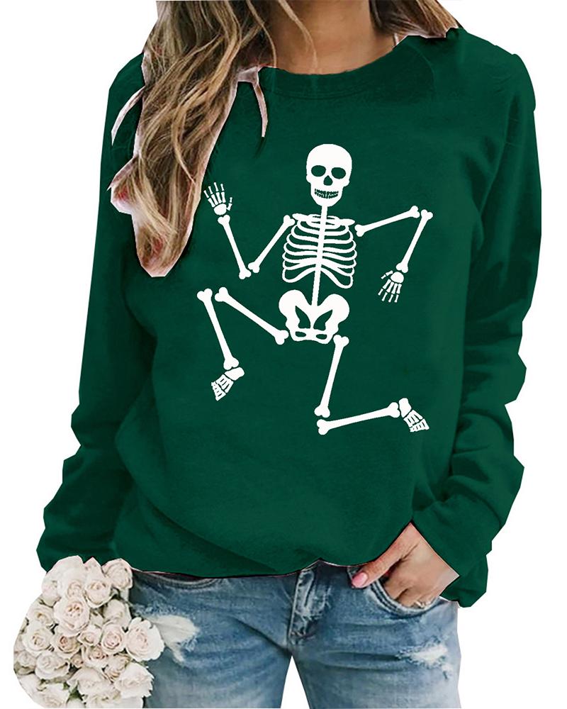 

Halloween O-Neck Skeleton Print Top, Green