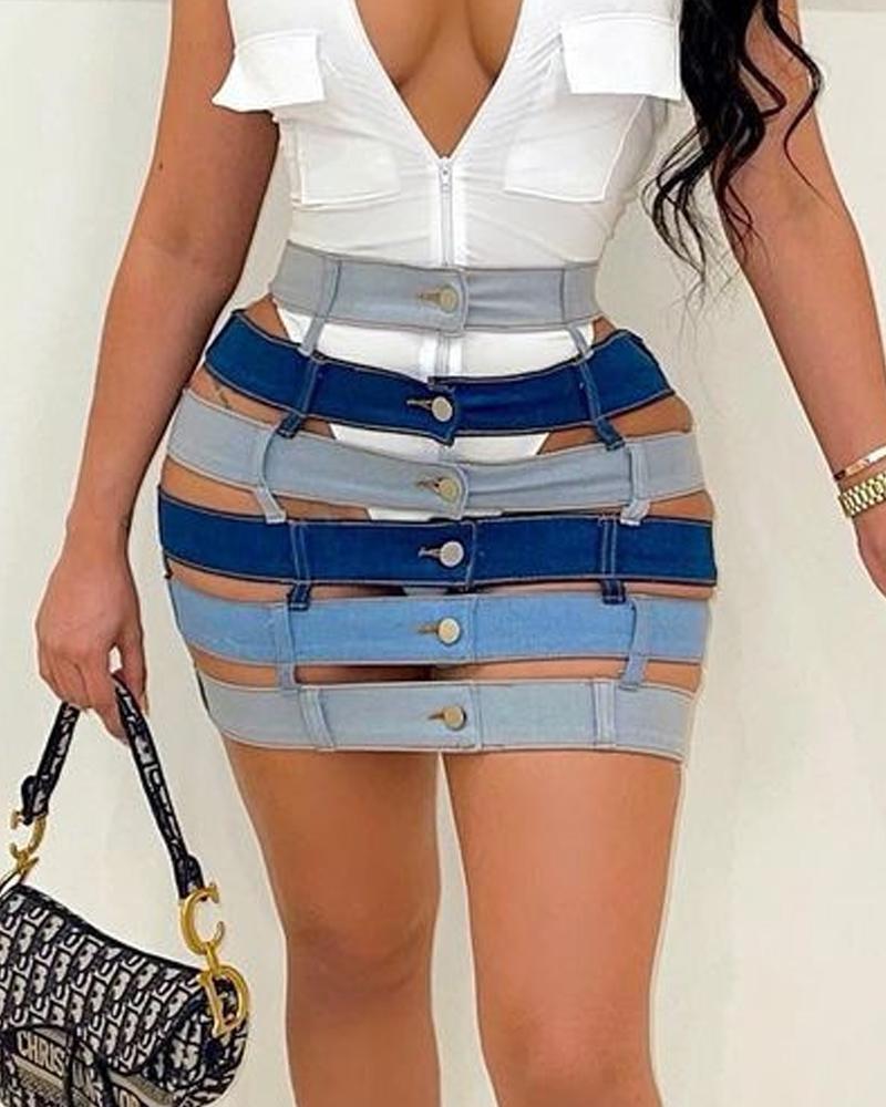 

Colorblock Ladder Cutout Buttoned Skirt, Blue