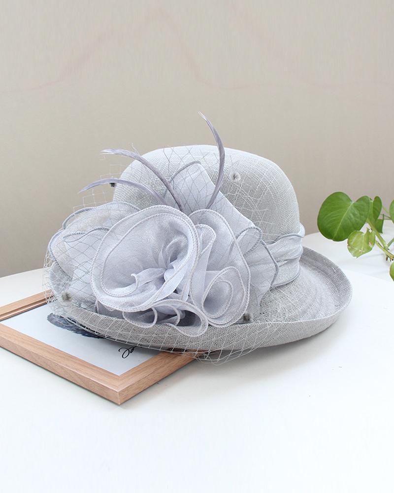 

Feather Fascinator Hat Floral Veil Mesh Dress Hats Wedding Cocktail Tea Party Church Cap, Gray
