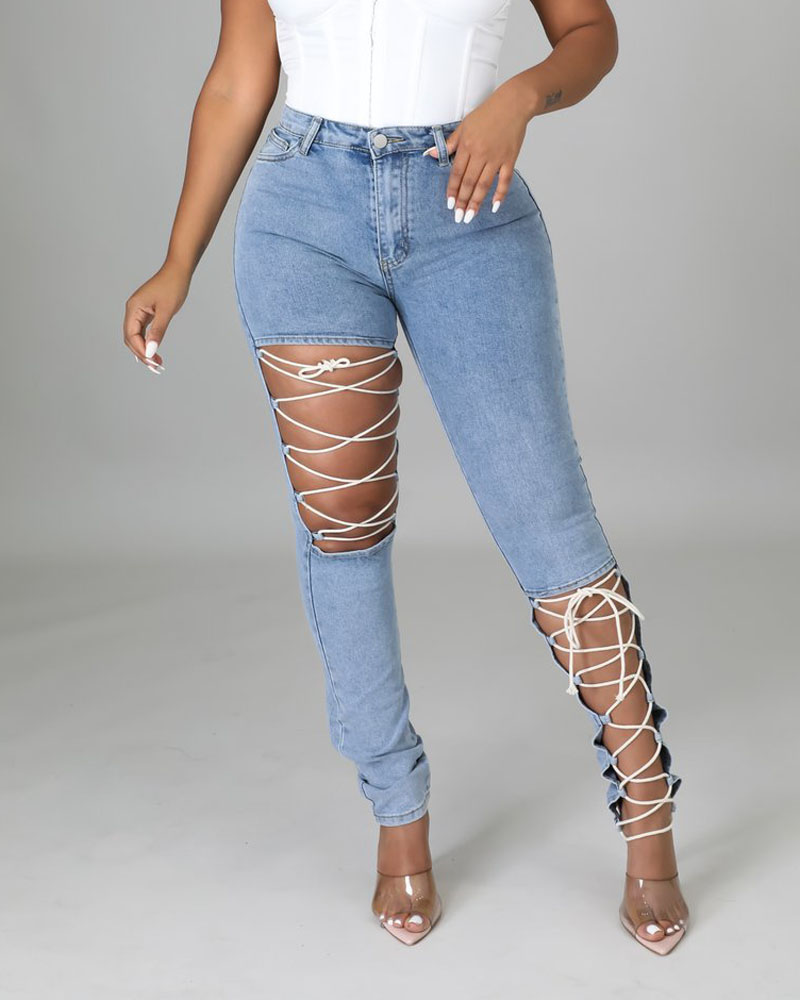 

Zipper Fly Cutout Lace-up Skinny Jeans, Blue