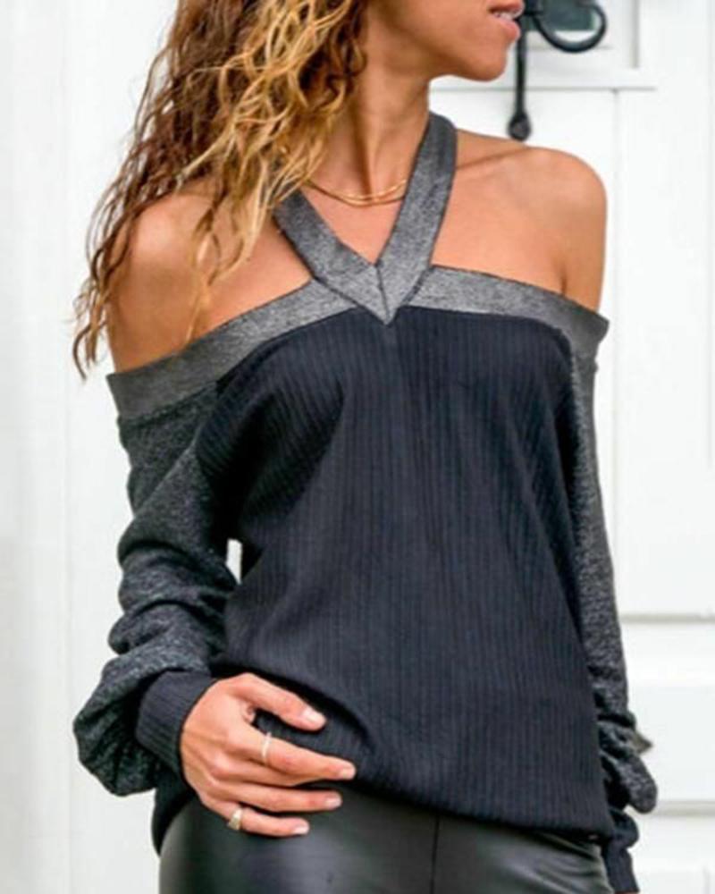 

Colorblock Cold Shoulder Long Sleeve Top, Black