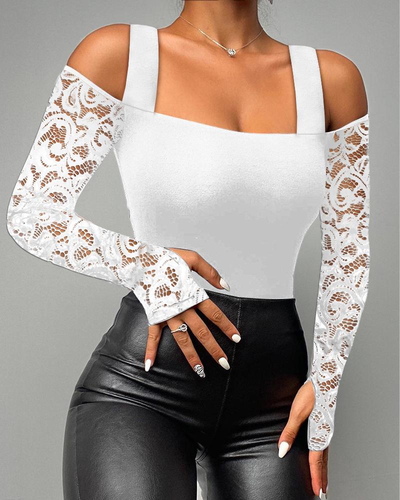 

Contrast Lace Cold Shoulder Long Sleeve Top, White