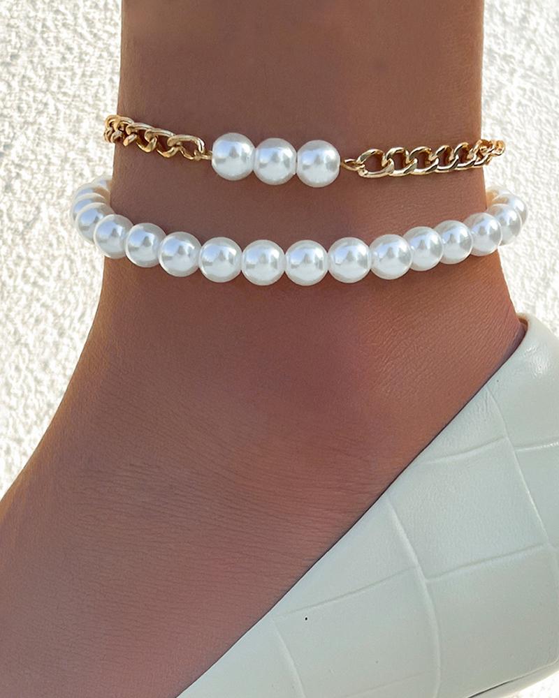 

2pcs Beaded Pearls Chain Anklet, White